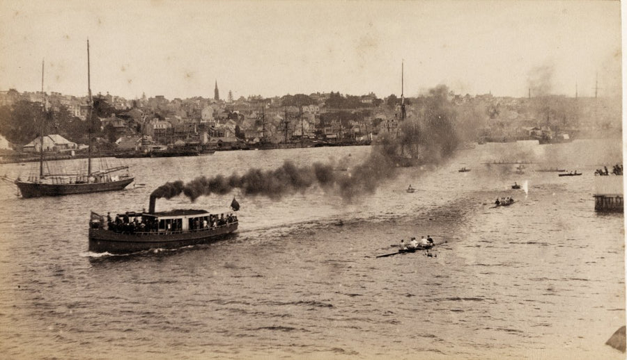 Steam ferry and rowing crews at the Woolloomooloo Regatta — photograph, from Woolloomooloo Bay, circa 1879
