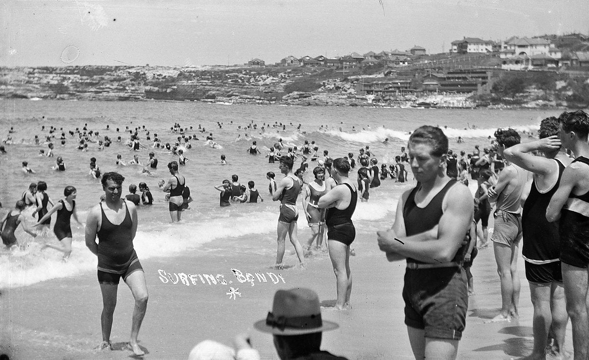 Bathers in neck-to-knee costumes at Bondi Beach — photograph, from Bondi Beach, circa 1900