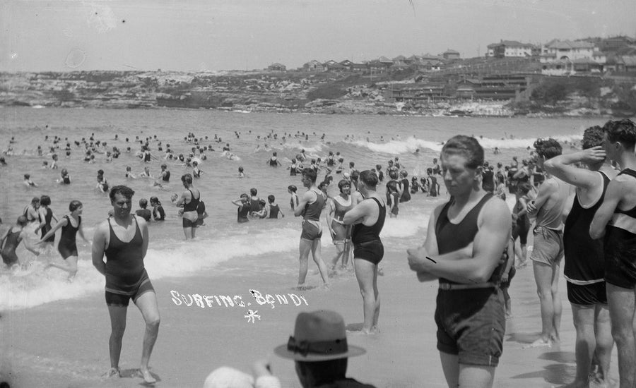 Bathers in neck-to-knee costumes at Bondi Beach — photograph, from Bondi Beach, circa 1900
