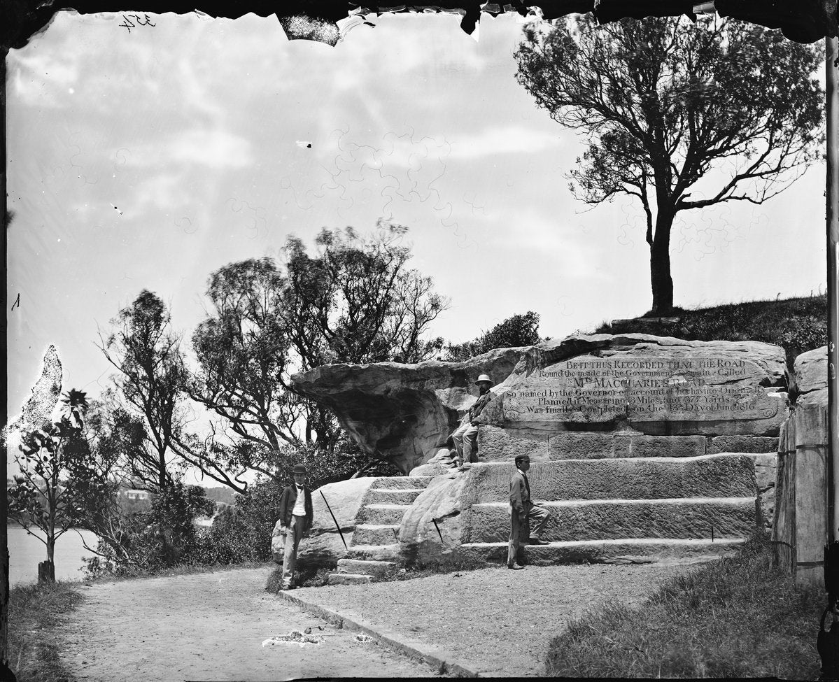 Inscribed rock at Mrs Macquarie's Road, Sydney Domain — photograph, from Mrs Macquarie's Chair / Mrs Macquarie's Road inscription, Sydney Domain, circa 1870
