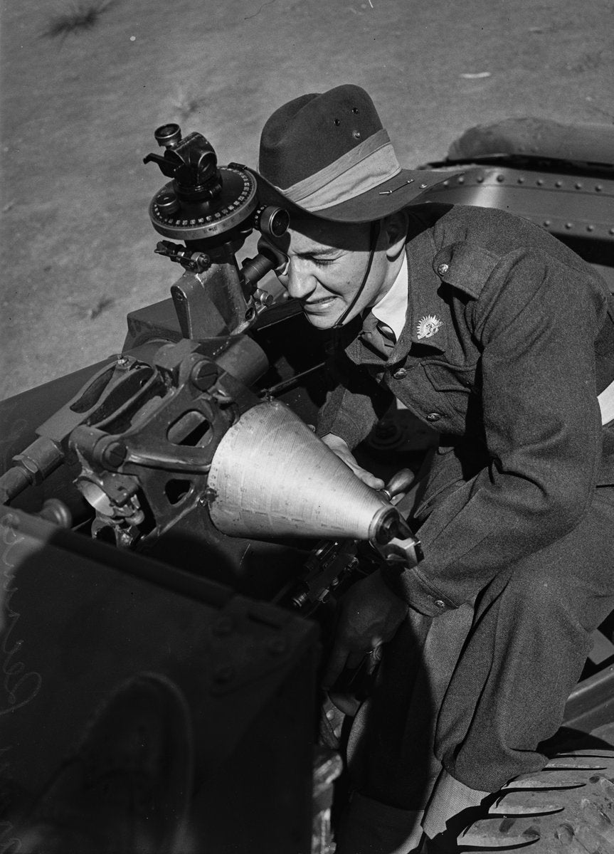 Recruit at an artillery sight, Marrickville army depot — photograph, from Marrickville, circa 1948