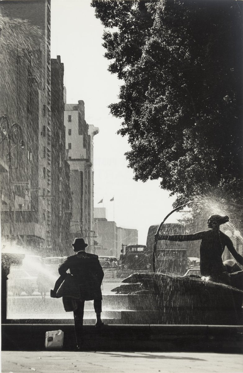 Fountain spray at the Archibald Fountain, Hyde Park — photograph, from Hyde Park, circa 1967