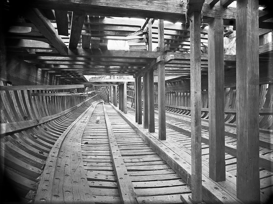 Hull framing under construction, Kidman & Mayoh shipyard, Kissing Point, Ryde — photograph, from Kissing Point, c. 1920–25