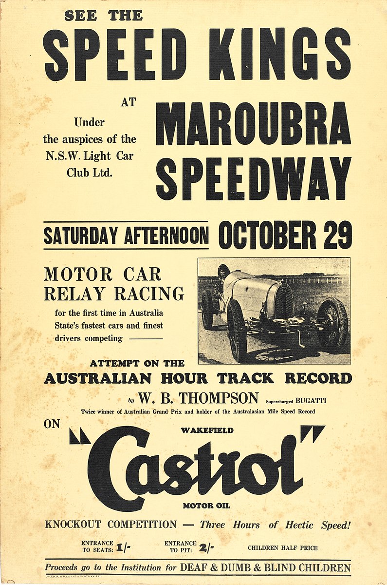 Speed Kings at Maroubra Speedway race poster — illustration, from Coral Sea Park, 1932