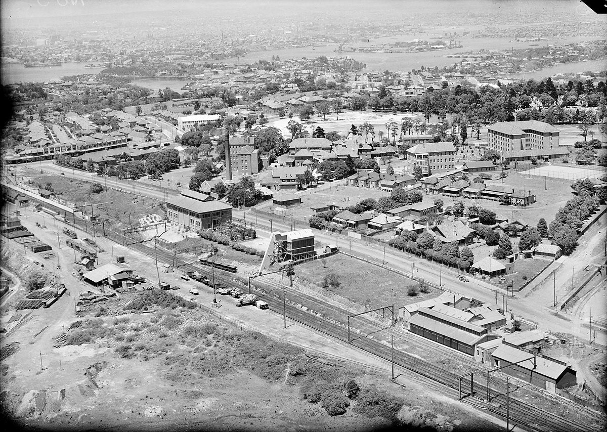 Royal North Shore Hospital above the railway yards, St Leonards — photograph, from Royal North Shore Hospital, c. 1937