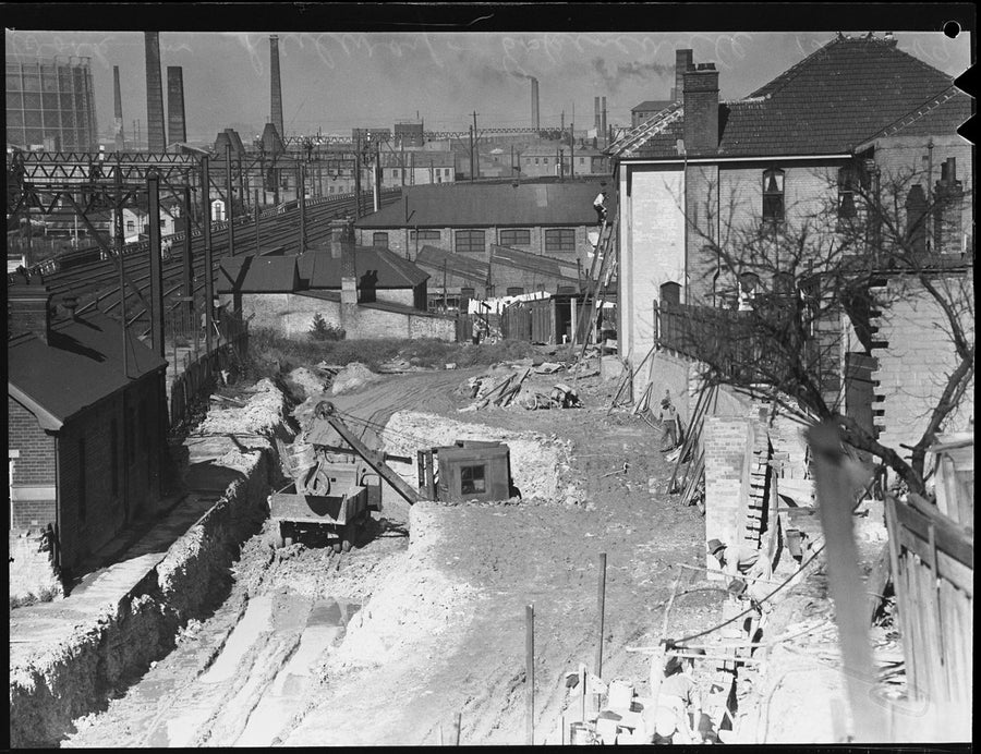 Excavation alongside the railway corridor, Erskineville, 1938 — photograph, from Bridge Street Cycleway, circa 1938