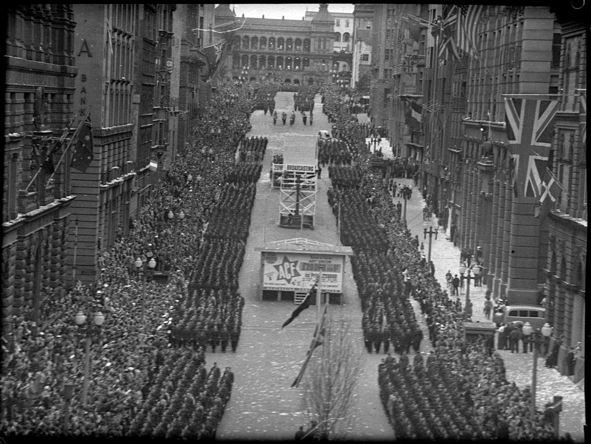 Peace celebration march through central Sydney, August 1945 — photograph, from Sydney, New South Wales, circa 1945