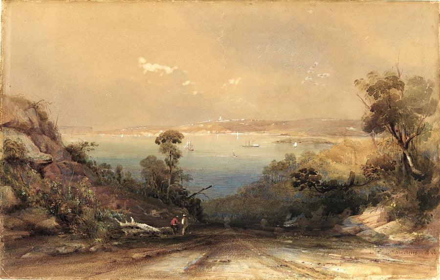 View across Sydney Harbour to the Macquarie Lighthouse — illustration, from Bradleys Head / Booraghee, 1846