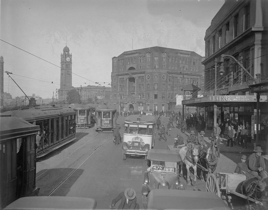 Traffic at Railway Square with Central Station clock tower, 1927 — photograph, from Chippendale, circa 1927