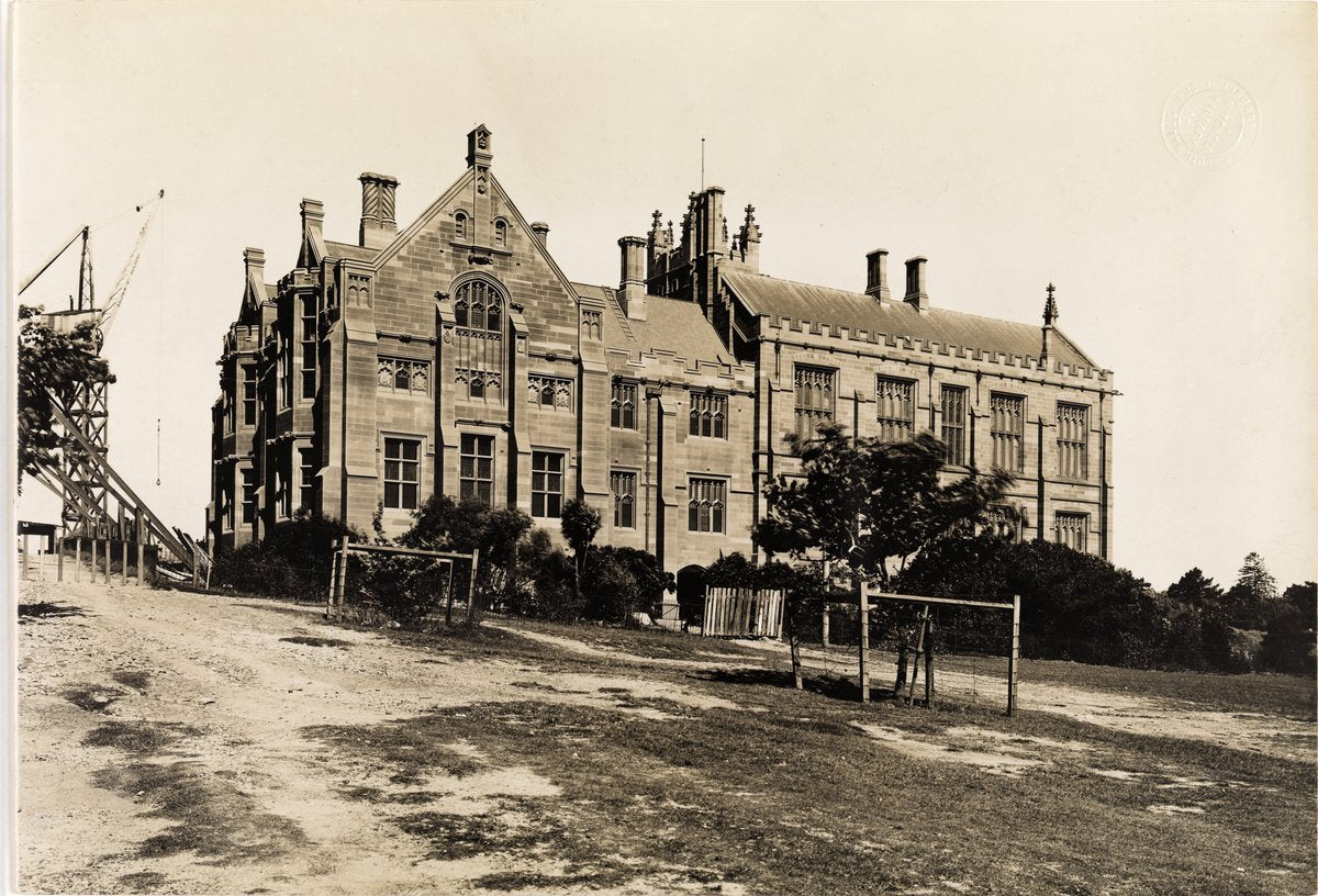 Sandstone Gothic Revival public building under construction, New South Wales — photograph, circa 1910