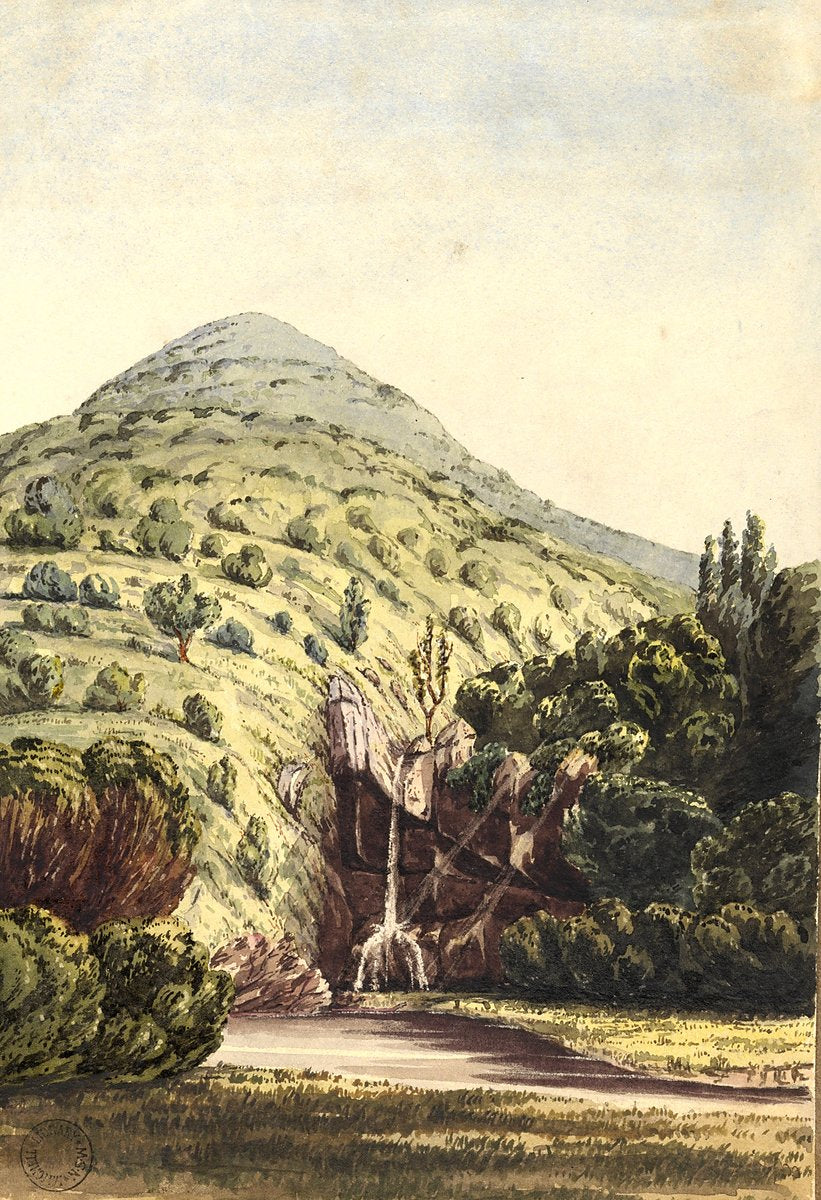 Waterfall over a rock bluff, Edward Forde album sketch — illustration, c. 1857–62