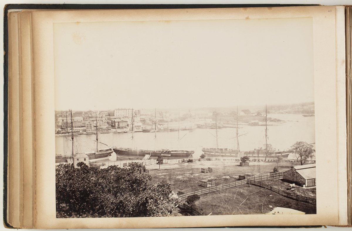 Sailing ships moored along a Sydney harbour foreshore — photograph, from Sydney, New South Wales, circa 1870