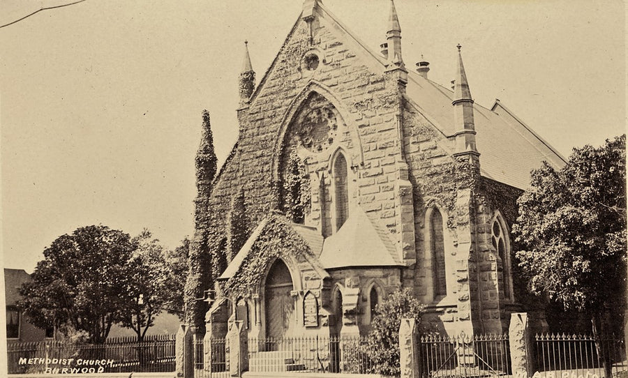 Methodist Church, Railway Parade, Burwood — photograph, from Railway Parade, c. 1900–27