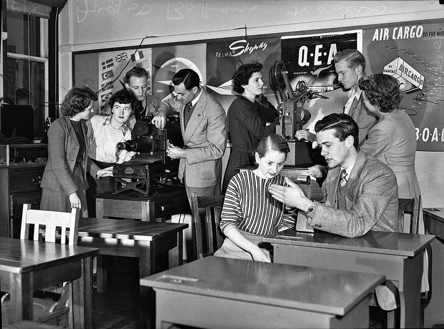 Trainee teachers with film projectors, Balmain Teachers' College — photograph, from Balmain, 1950
