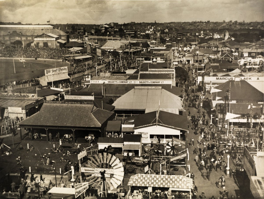 Sideshow alley and arena, Royal Agricultural Society Showground, Moore Park — photograph, from Moore Park, circa 1955