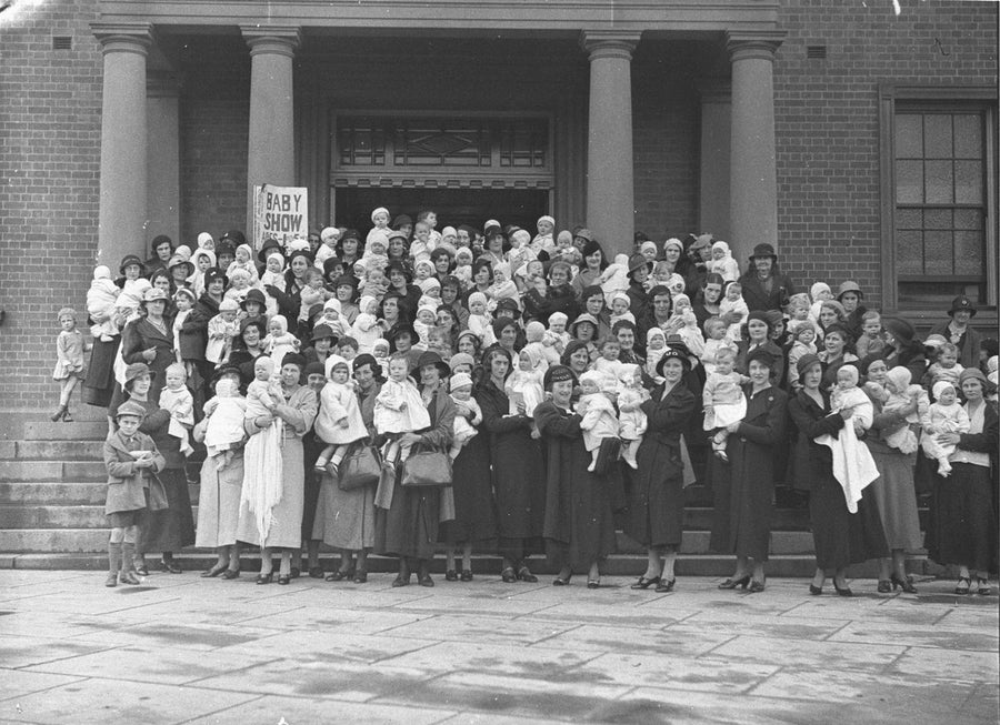 Baby show gathering on the steps of Marrickville Town Hall — photograph, from Marrickville Town Hall, circa 1934
