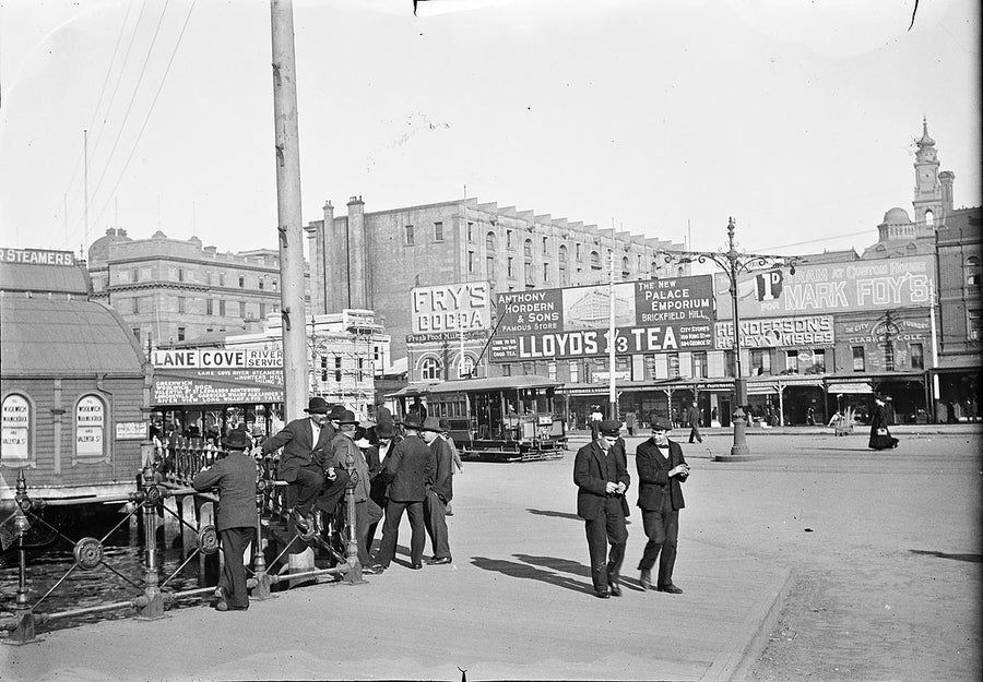 Circular Quay wharves and the Lane Cove River Steamers service — photograph, from Sydney, c. 1905–23