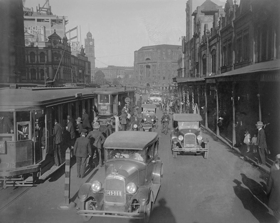 Trams and traffic at Railway Square, Sydney, 1927 — photograph, from Chippendale, circa 1927