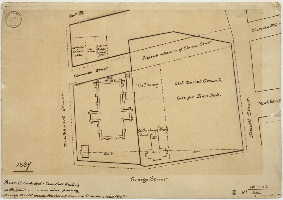 Proposed Sydney Town Hall site and old burial ground, 1867 — map, from Sydney Town Hall site, George Street, Sydney, circa 1867