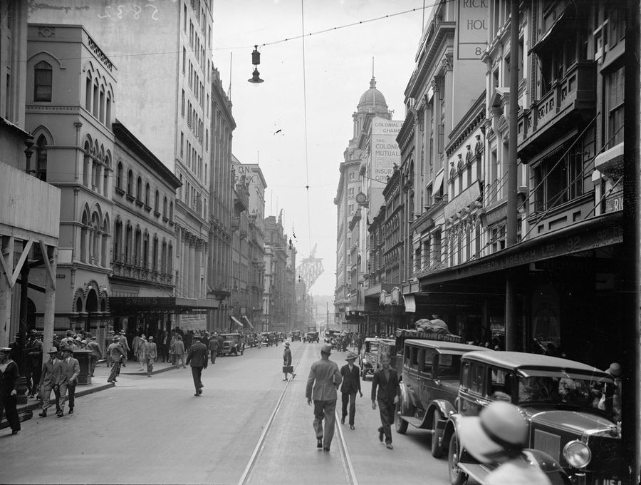 Pitt Street, Sydney, below the signboards of Rickard House — photograph, from Australian Business & Conference Travel House, circa 1928