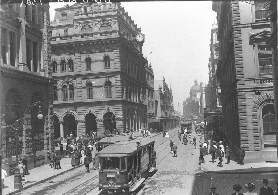 Trams on George Street near Martin Place, Sydney, 1910 — photograph, from George Street, circa 1910
