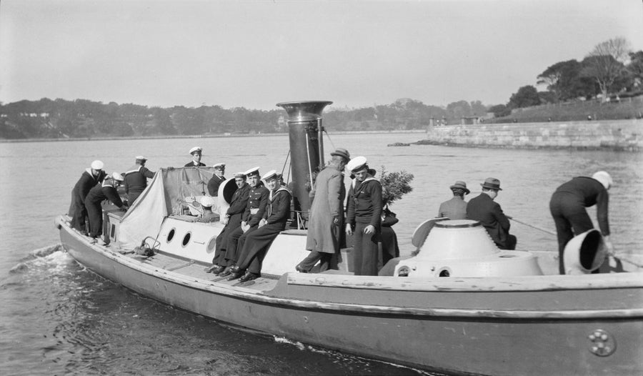 Sailors aboard a steam launch, Sydney — photograph, from Sydney CBD, circa 1920