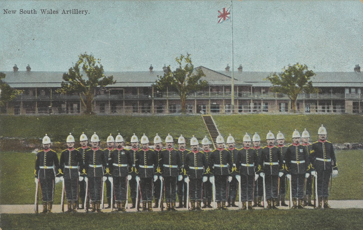 New South Wales Artillery at Victoria Barracks, Paddington — photograph, from Oxford Street, circa 1890