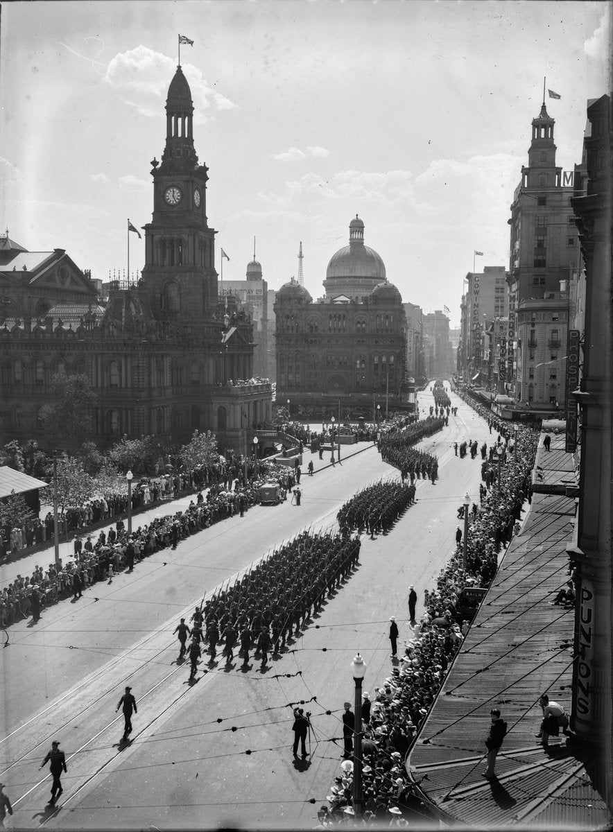 2nd AIF troops marching along George Street past Sydney Town Hall — photograph, circa 1890