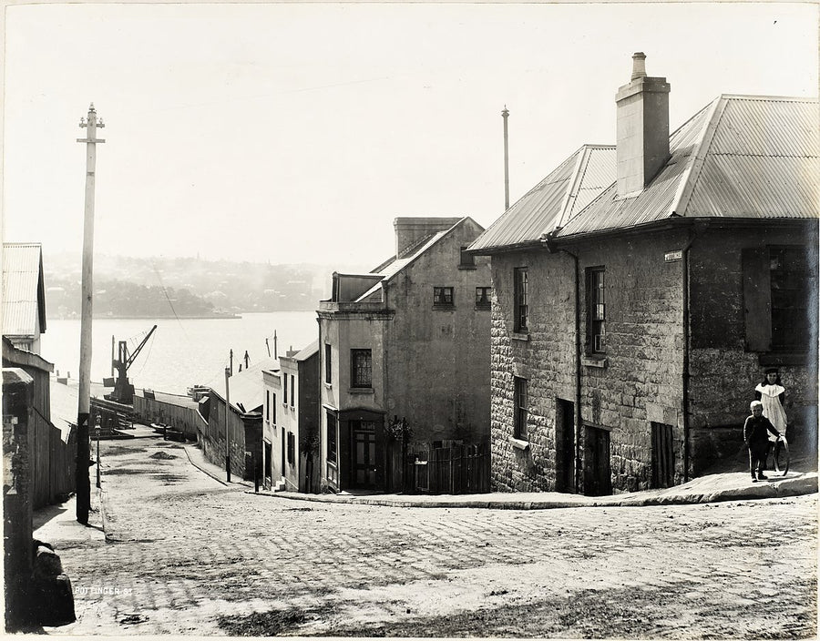 Pottinger Street running down to Sydney Harbour, The Rocks — photograph, from Pottinger Street, 1901–10