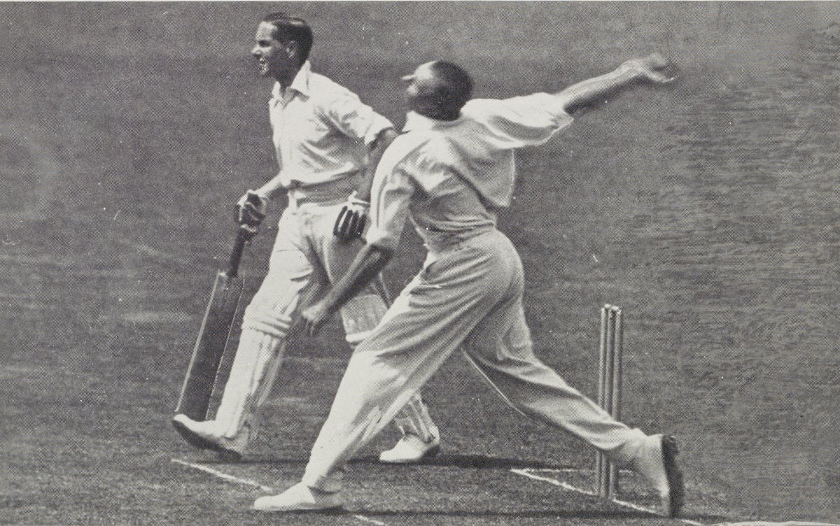 Batsman mid-stroke during a cricket match — photograph, circa 1853