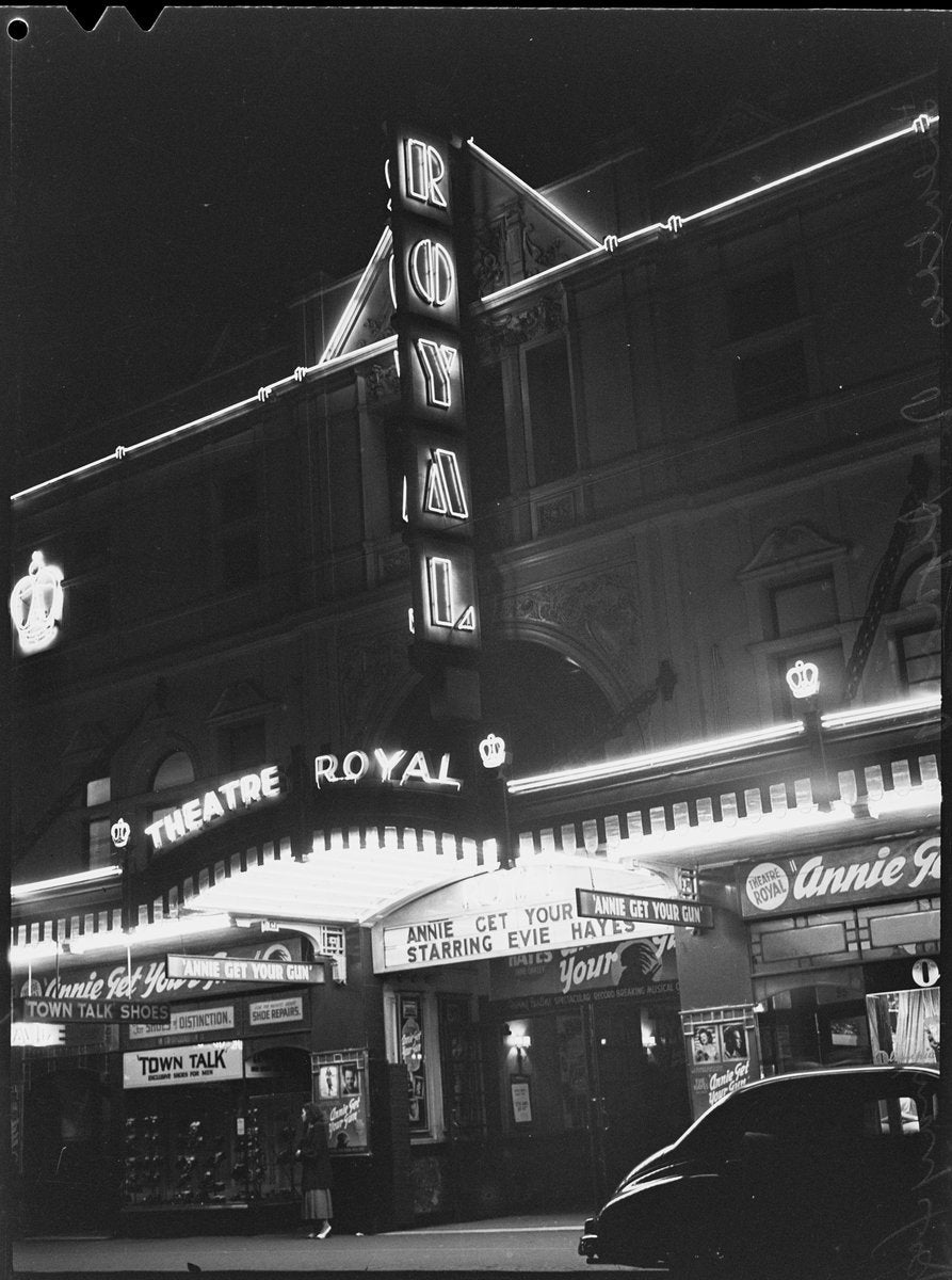 Theatre Royal by night, "Annie Get Your Gun" on the marquee, Castlereagh Street — photograph, from Theatre Royal, Castlereagh Street, Sydney, circa 1949