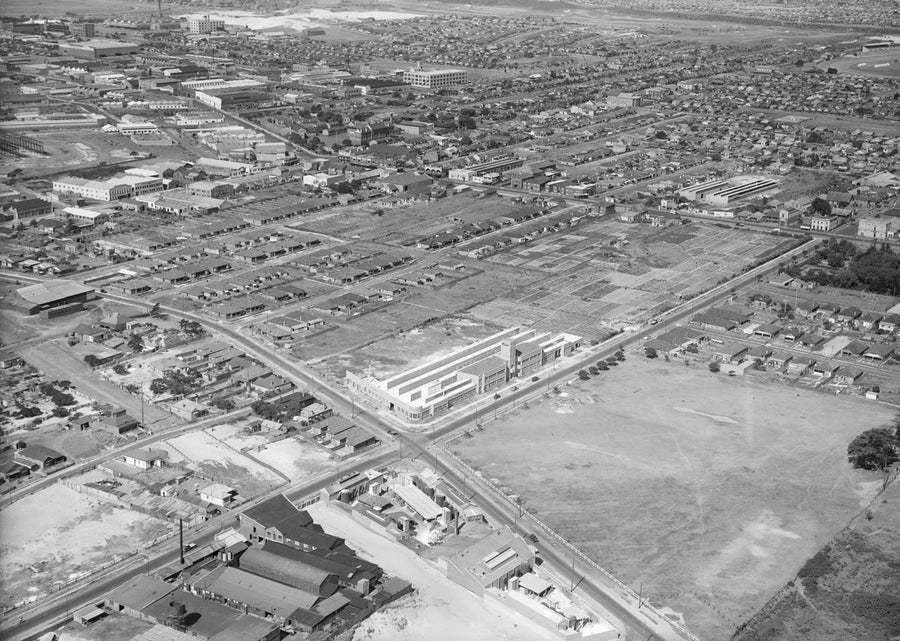 Factory precinct and market gardens from the air, Mascot district — photograph, from Mascot, circa 1940