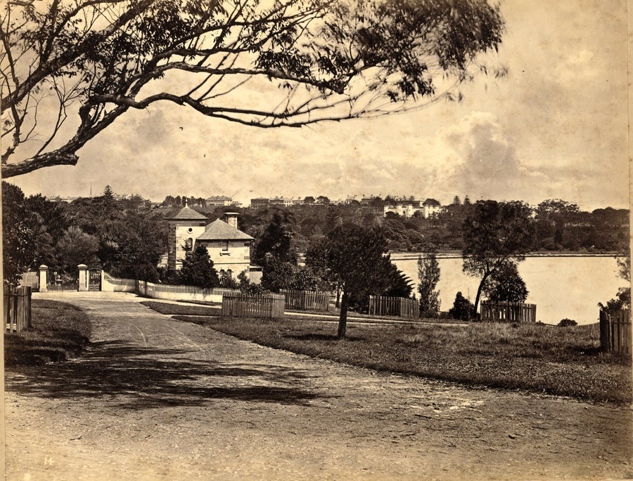 Victoria Lodge gatehouse and Farm Cove, Royal Botanic Garden, Sydney — photograph, from Royal Botanic Garden, circa 1865