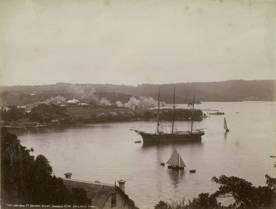 Sailing ships at anchor off Long Nose Point, Balmain — photograph, from Yurulbin Point, circa 1880
