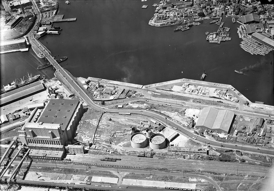Vacuum Oil Company depot, Glebe Island, from the air — photograph, from Rozelle, 1924–50