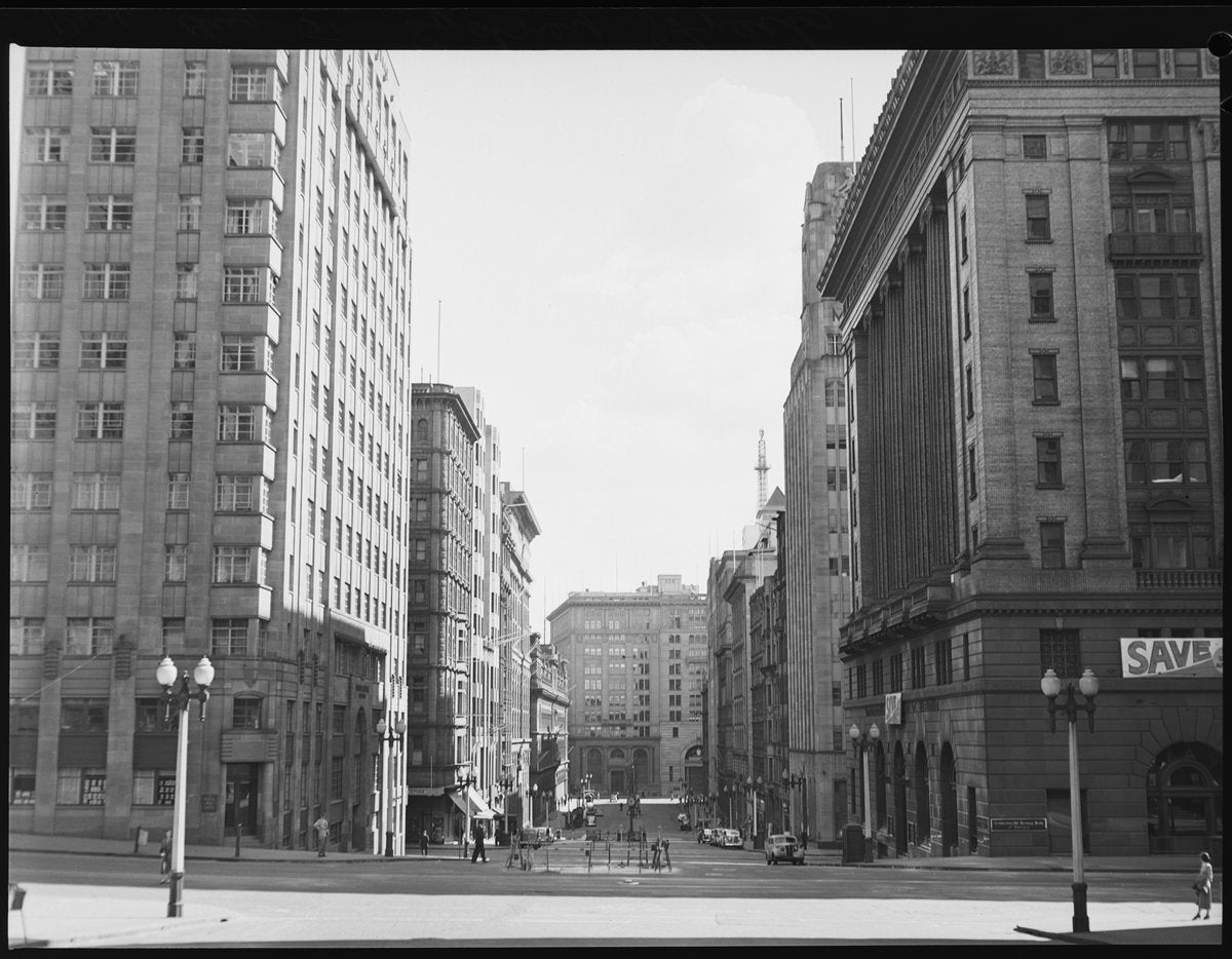 Martin Place looking west from Phillip Street, Sydney, 1951 — photograph, from Martin Place, Sydney, circa 1951