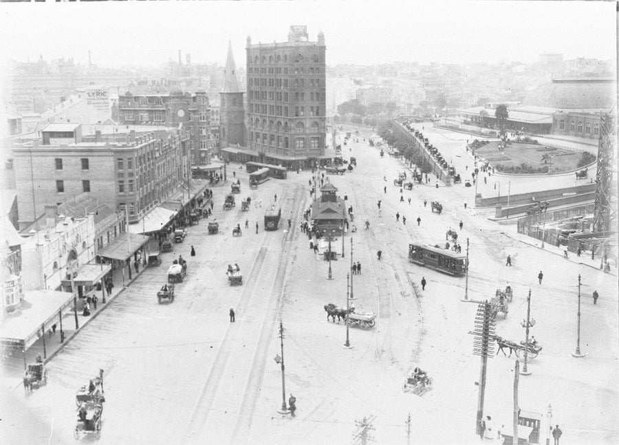 Railway Square before the Central Railway clock tower, 1910 — photograph, from Railway Square, circa 1910