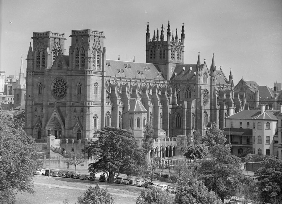 St Mary's Cathedral without its spires, Sydney — photograph, from St Mary's Cathedral, circa 1937