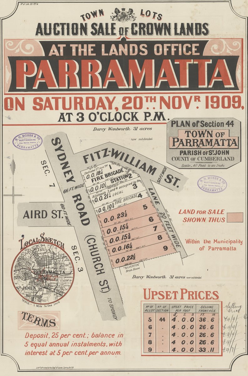 Crown lands auction poster, Section 44, Town of Parramatta, 1909 — map, from Parramatta, circa 1836