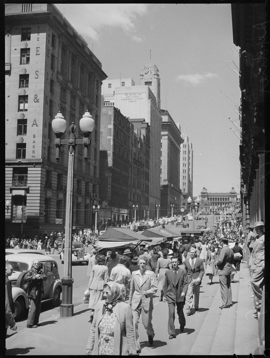 Market stalls and pedestrians along Martin Place, 1949 — photograph, from Martin Place, Sydney, circa 1949