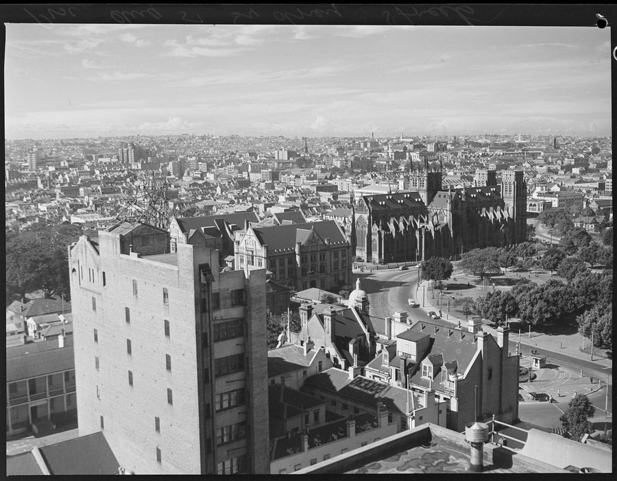 St Mary's Cathedral and Sydney rooftops, 1951 — photograph, from St Mary's Cathedral, Sydney, circa 1951