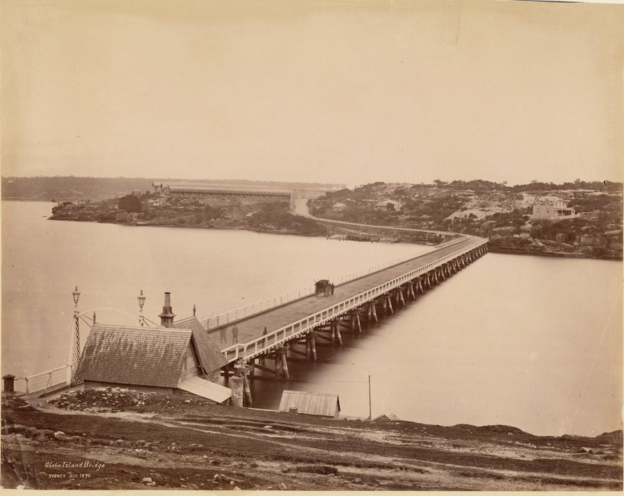 Glebe Island Bridge, timber trestle crossing to the abattoirs, 1870 — photograph, from ANZAC Bridge Shared Pedestrian and Bicycle Path, circa 1870