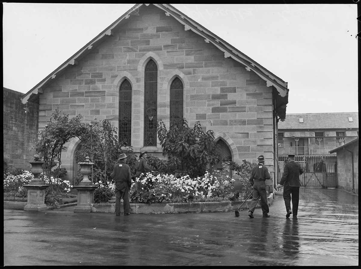 Chapel and garden, Parramatta Gaol — photograph, from Parramatta Gaol, circa 1950