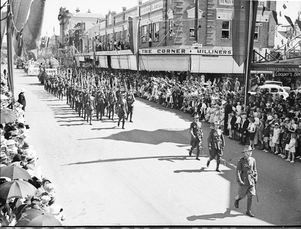 Sesquicentenary military parade past The Corner Milliners, Parramatta — photograph, from Parramatta, New South Wales, circa 1938
