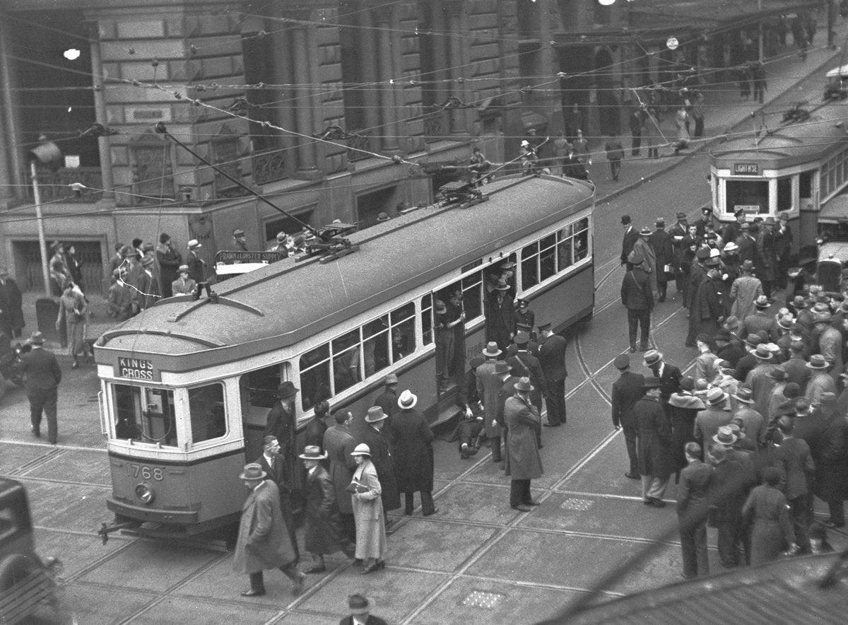 Kings Cross tram no. 768 after knocking down a pedestrian, 1930 — photograph, from Victoria Street, circa 1930
