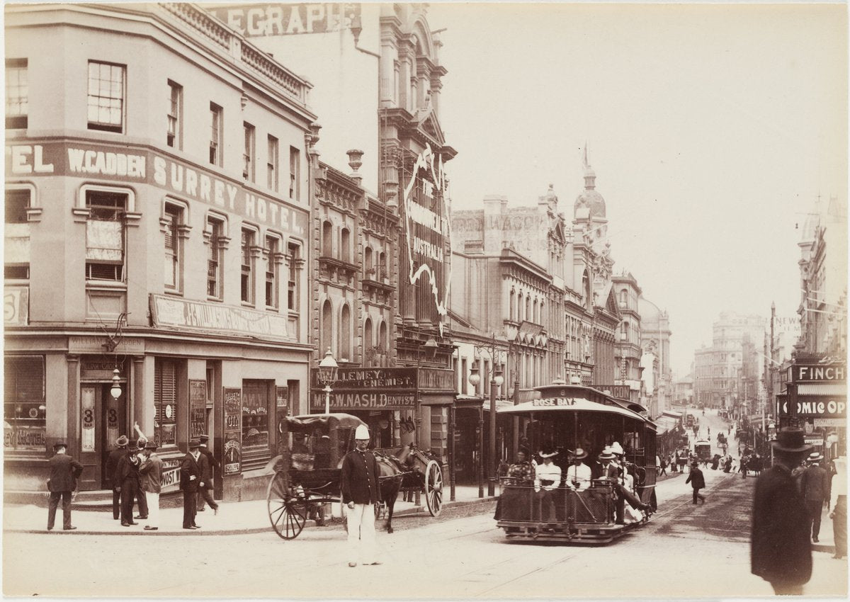 Surrey Hotel and Rose Bay tram, King Street, Sydney — photograph, from King Street, Sydney, circa 1905