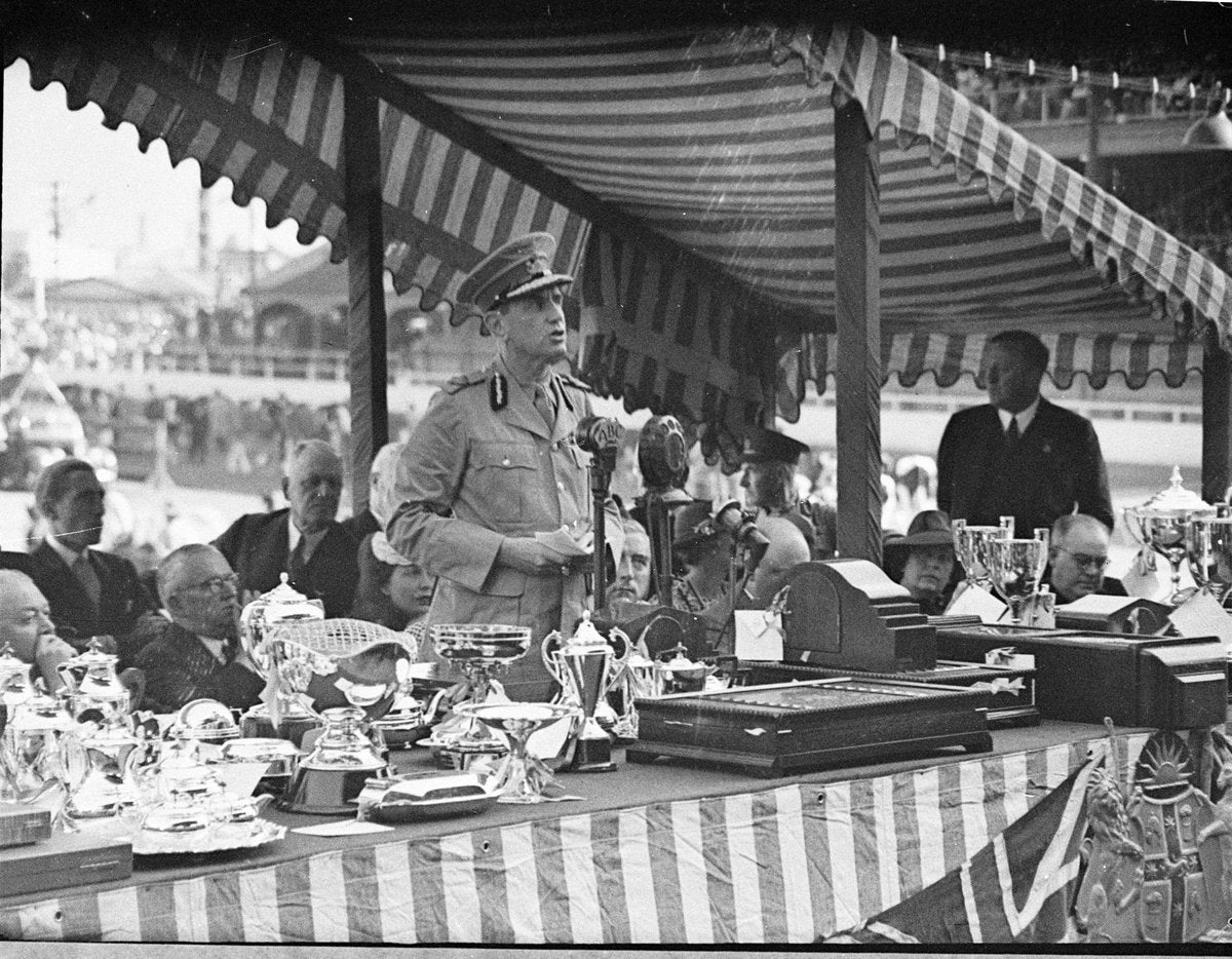 Officer addressing the opening of the Sydney Royal Easter Show, 1940 — photograph, from Sydney Showground, Moore Park, Sydney, circa 1940
