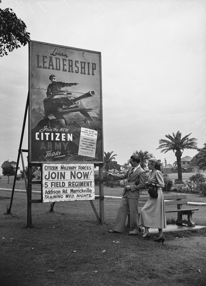 Citizen Military Forces recruiting billboard, Addison Road, Marrickville — photograph, from Addison Road, circa 1948
