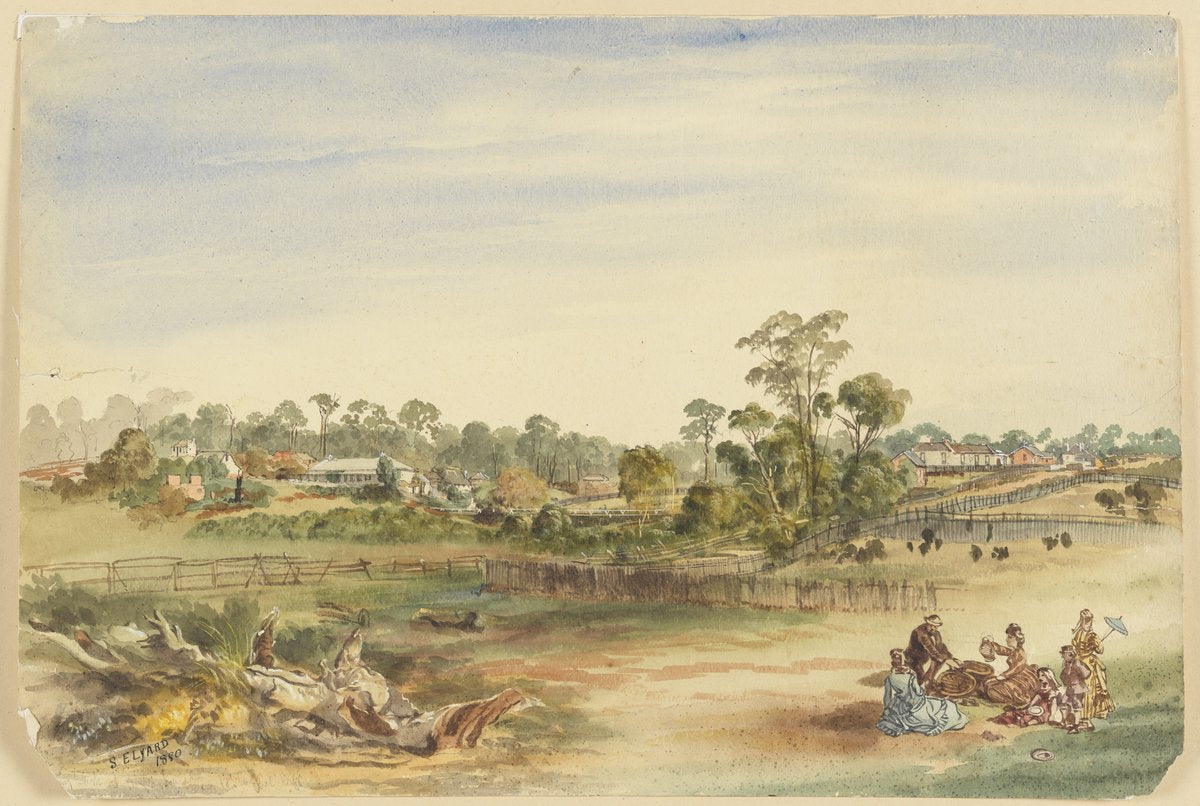 Picnic party overlooking fenced farmland, 1880 — illustration, circa 1880