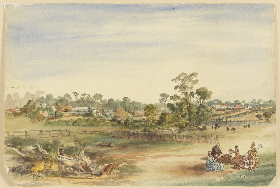 Picnic party overlooking fenced farmland, 1880 — illustration, circa 1880